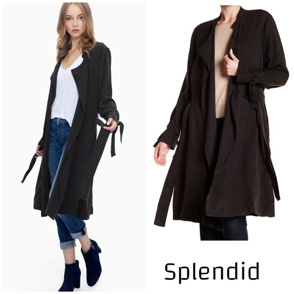 Splendid Sandwash Twill Drape Trench Coat. Black. Knee length.  Tie waist - Picture 1 of 14